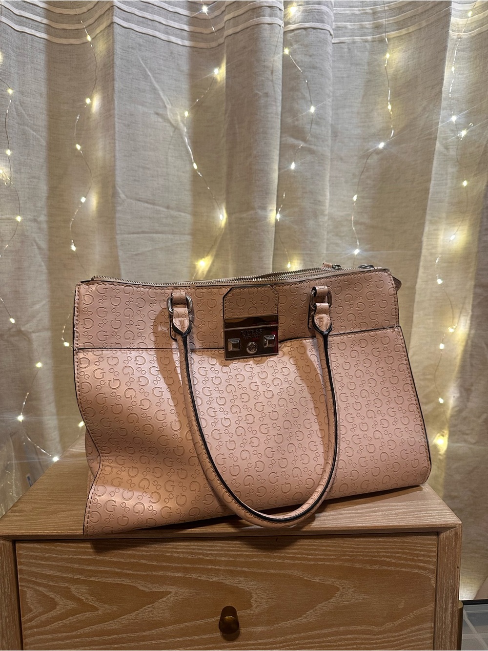 Guess Blush Pink Monogrammed Tote with Top Handles